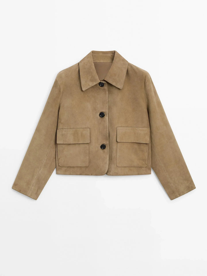 Giacca da donna Laurel - Corta in pelle scamosciata beige, elegante, minimalista e urbana
