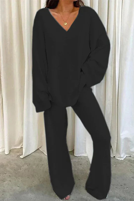 Rivka Ensemble Femme – Tenue Lounge Oversize avec Pull à Col V & Pantalon Large Confortable