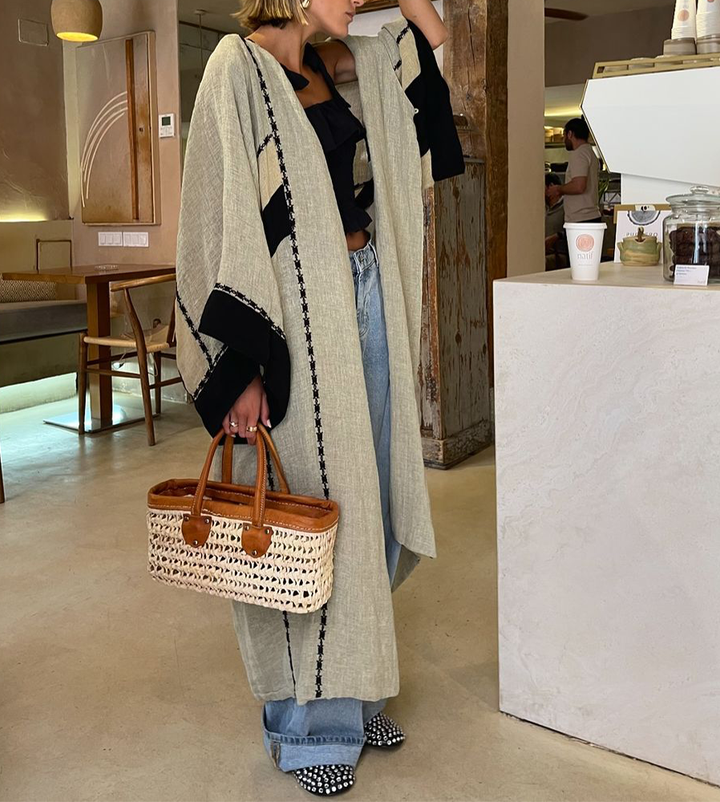 Angel Kimono Women - Long Linen Kimono con bordado de estilo chic bohemio y diseño aireado