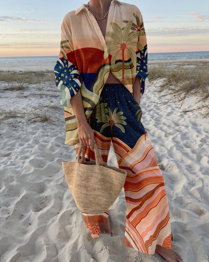 Aviane Ensemble en Lin Femme - Stampa tropicale coordinata estiva con taglio arioso e confortevole