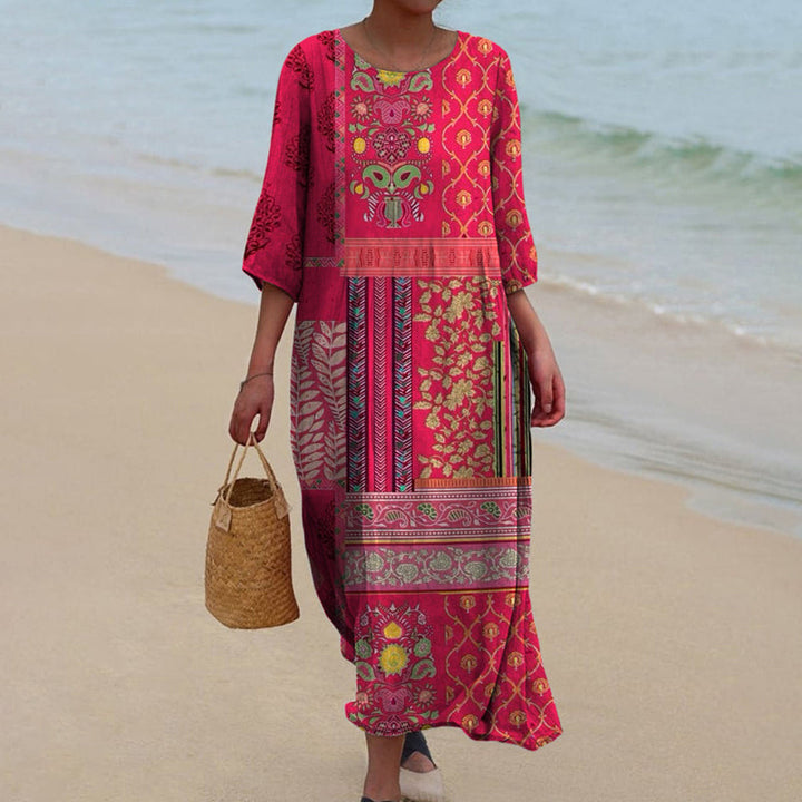 Vestido para mujeres Daniella Maxi - Red étnico étnico bohemio estampado, algodón aéreo y fluido