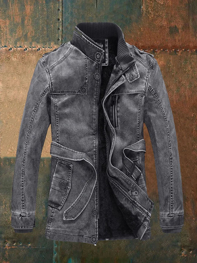 Chaqueta de cuero vintage Shon para hombre: estilo retro con forro cálido y botones clásicos.