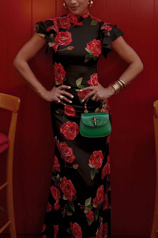 Vestido de noche para mujeres Thalia: elegante vestido largo de flores con esclavos, Mao Col & Detalle con botones