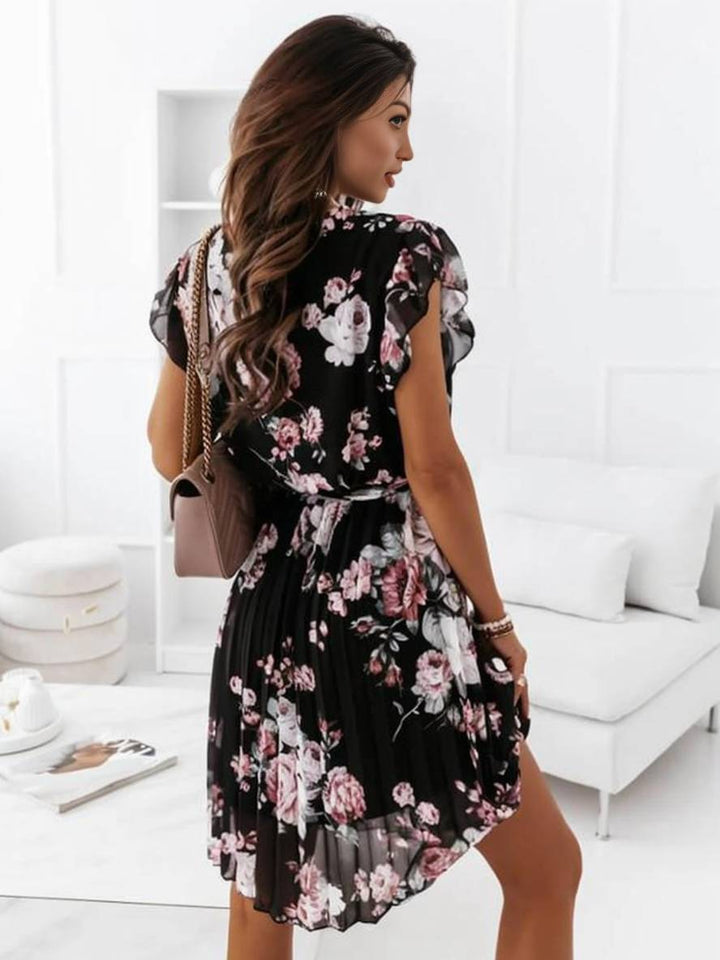 Vestido de flor de jamela femenina bohemia a mitad de longue con cinturón, mangas cortas y cuello en V