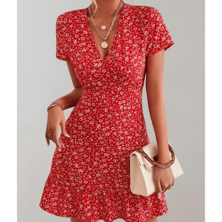 Abito floreale femminile di Daria - orlo fluido, v decreti e dimensioni discrete di Looksy