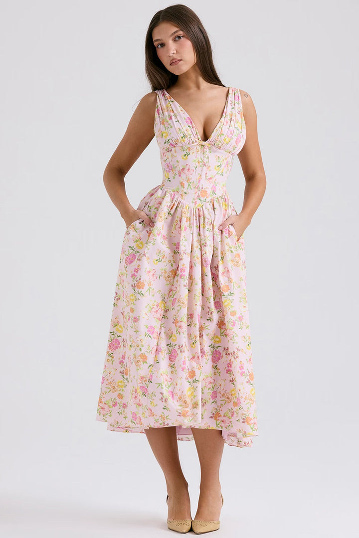 Vestido de verano de Mika Woman - elegante vestido florido con cortes halagadores y bolsillos prácticos
