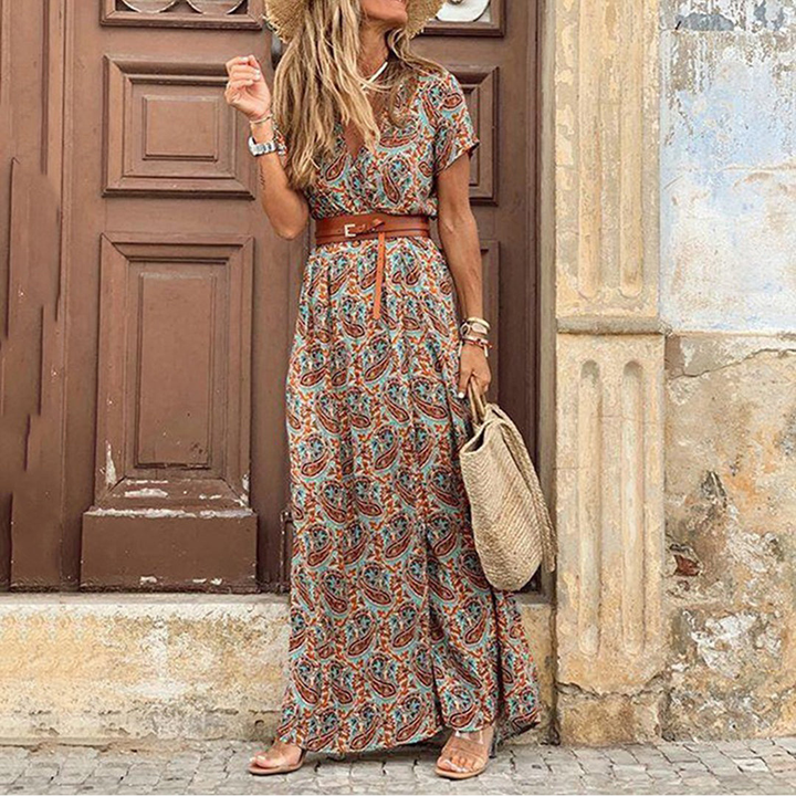 Sheena Woman Vestido largo - Vestido bohemio máximo con estampado de Paisley con cinturón y mangas cortas