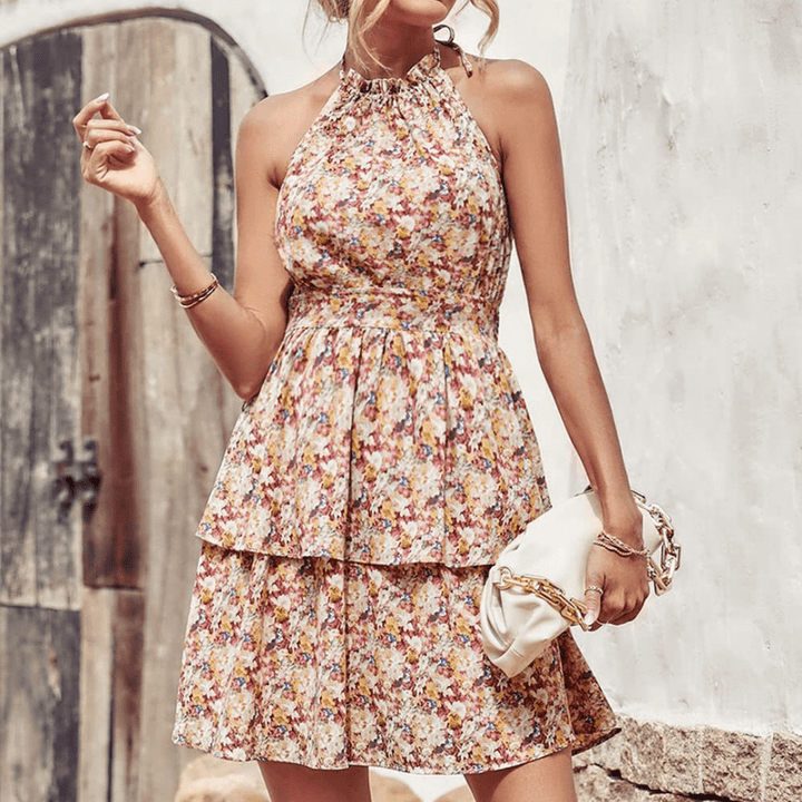 Ella vestida corta para mujeres - vestido floral sin mangas con ruedas de dirección y cuello alto para looks de verano
