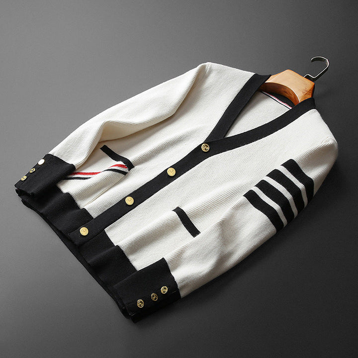 Cárdigan de cachemira para hombre Hans: elegante, a rayas, con cuello en V, botones dorados y prácticos bolsillos.