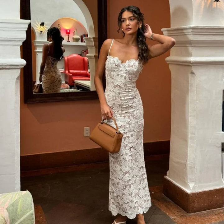 Vestido de noche de mujer Kristine Lace - Collar de corazón, correa de espagueti - vestido largo y elegante para bodas y eventos formales