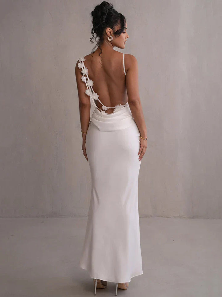 Vestido de noche para mujeres de Marie: satén largo, cuello de la bandera, correa de espagueti - vestido elegante y ajustado para eventos formales