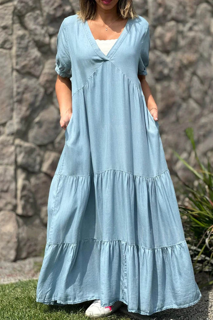 Vestido de verano para mujeres Via - Vestido de manga corta con V & Bunk Effect in Jeanss