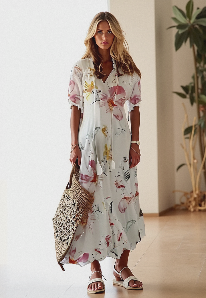 Vestido para mujeres Long Bettina - Vestido bohemio de verano con cordón en la cintura y corte