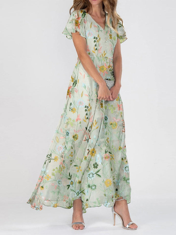 Vestido de mujer Clarice Long - Vestido de flores verdes con elegante V y votantes