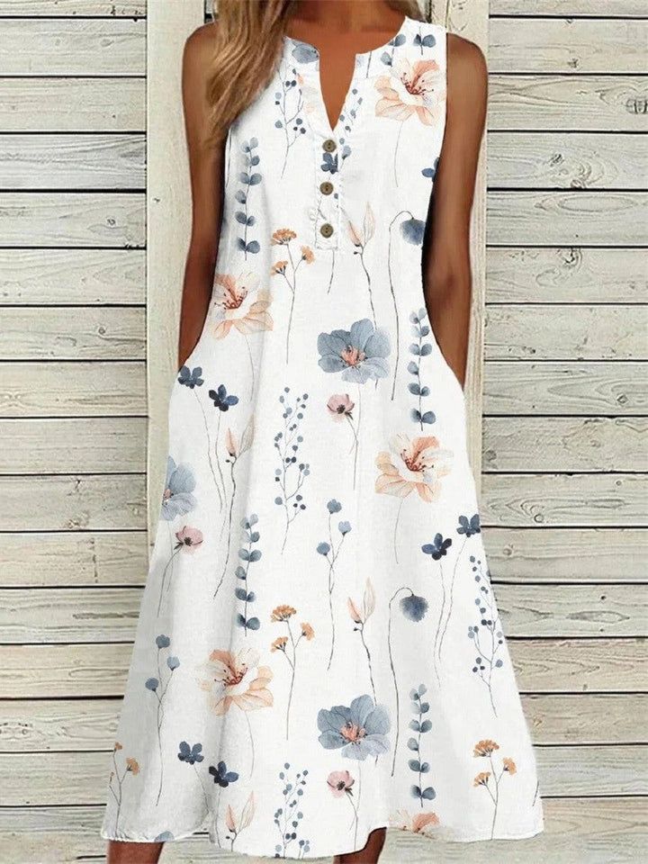 Vestido de verano para mujeres de Dorothy: estampado de flores blancas, sin mangas, collar de longitud midi relajada