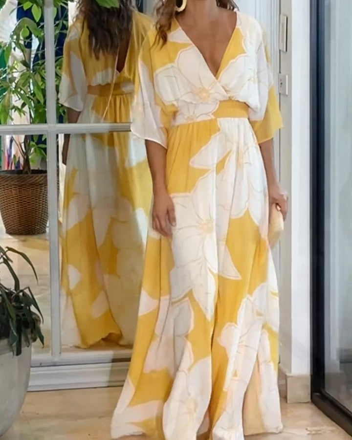 Vestido de mujer Calypso: elegante vestido florido con detalles contrastantes y corte femenino