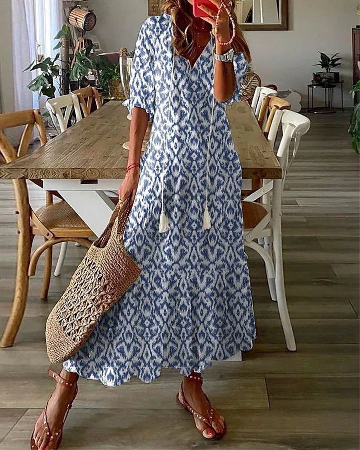 Robe Longue Femme Barila – Robe Bohème d’Été avec Col en V, Imprimé Vintage & Confort Coton