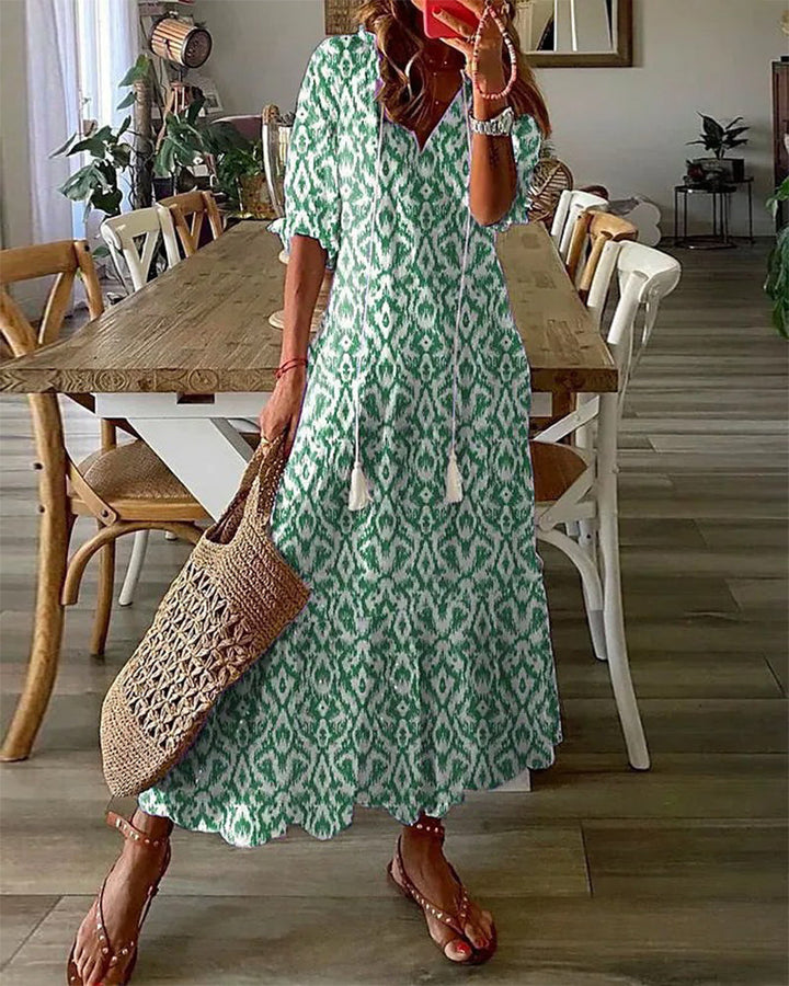 Robe Longue Femme Barila – Robe Bohème d’Été avec Col en V, Imprimé Vintage & Confort Coton