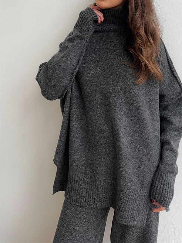 Aria Ensemble Loungewear Dame – Sæt Blødt Strik med Høj Hals & Vide Bukser