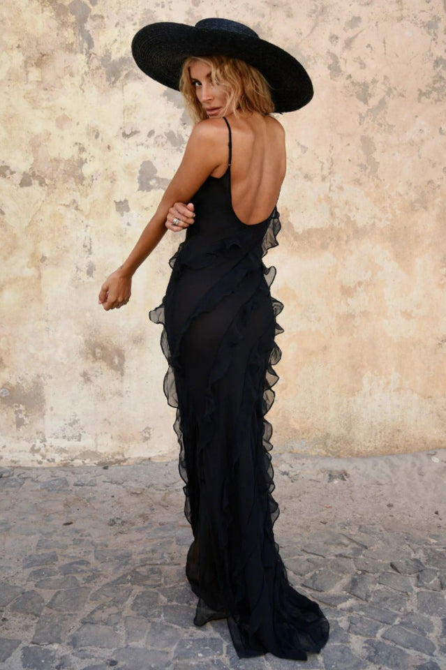 Abito lungo Ashtine - Abito estivo leggero con volant con gonna da pavimento e look da spiaggia