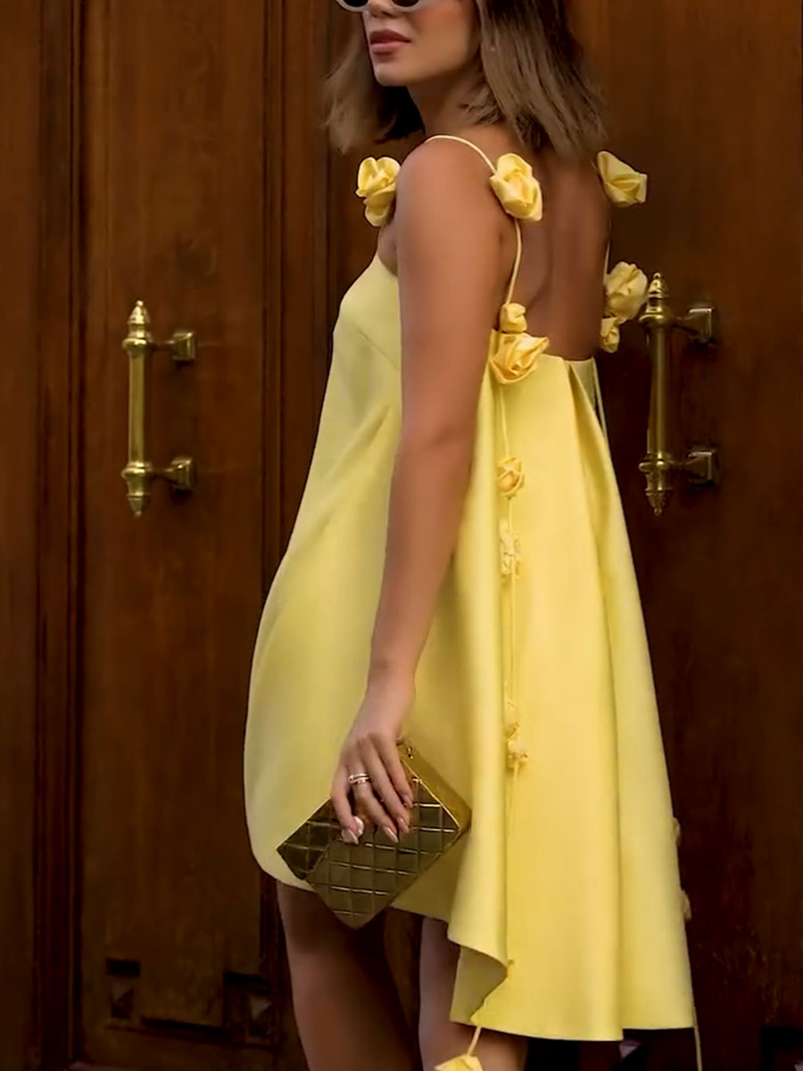 Vestido de algodón amarillo de verano de Genesis Genesis para mujeres con correas floridas y cortes de luz