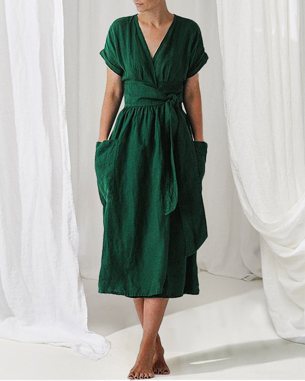 Vestido de lino para mujeres de Savannah - Vestido de billetera de manga corta con corte elegante y relajado