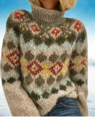 Astrid Pull Col Roulé Femme Motif Norvégien – Maille Épaisse & Confort Hivernal