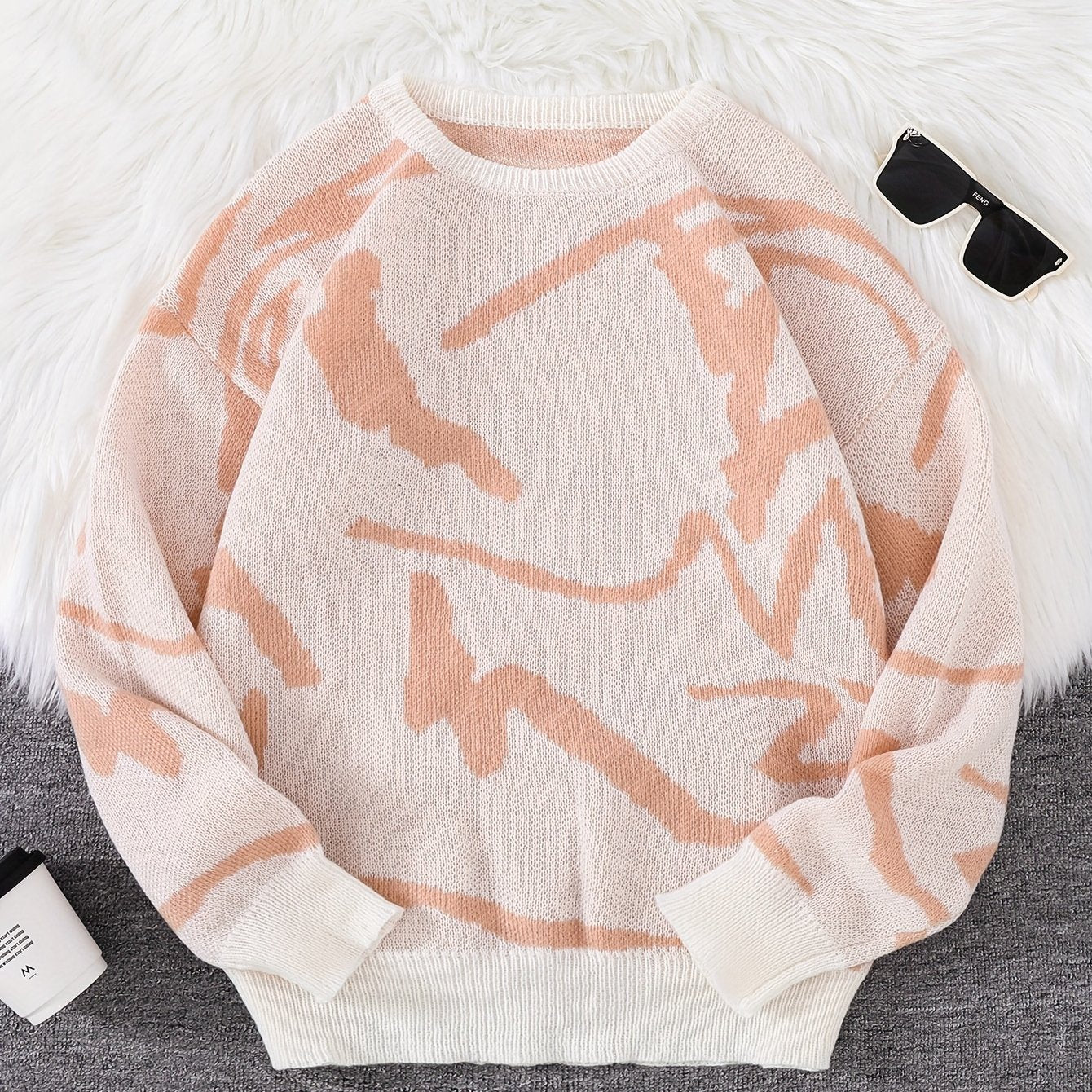 Luca Oversize Herre Trøje med Abstrakt Mønster – Blødt Strik, Moderne Kunstnerisk Stil