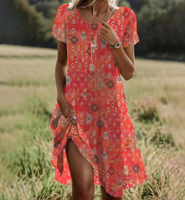 Vestido de mediodía para mujeres de Aria: vestido naranja con mangas cortas, cuello redondo y comodidad elegante