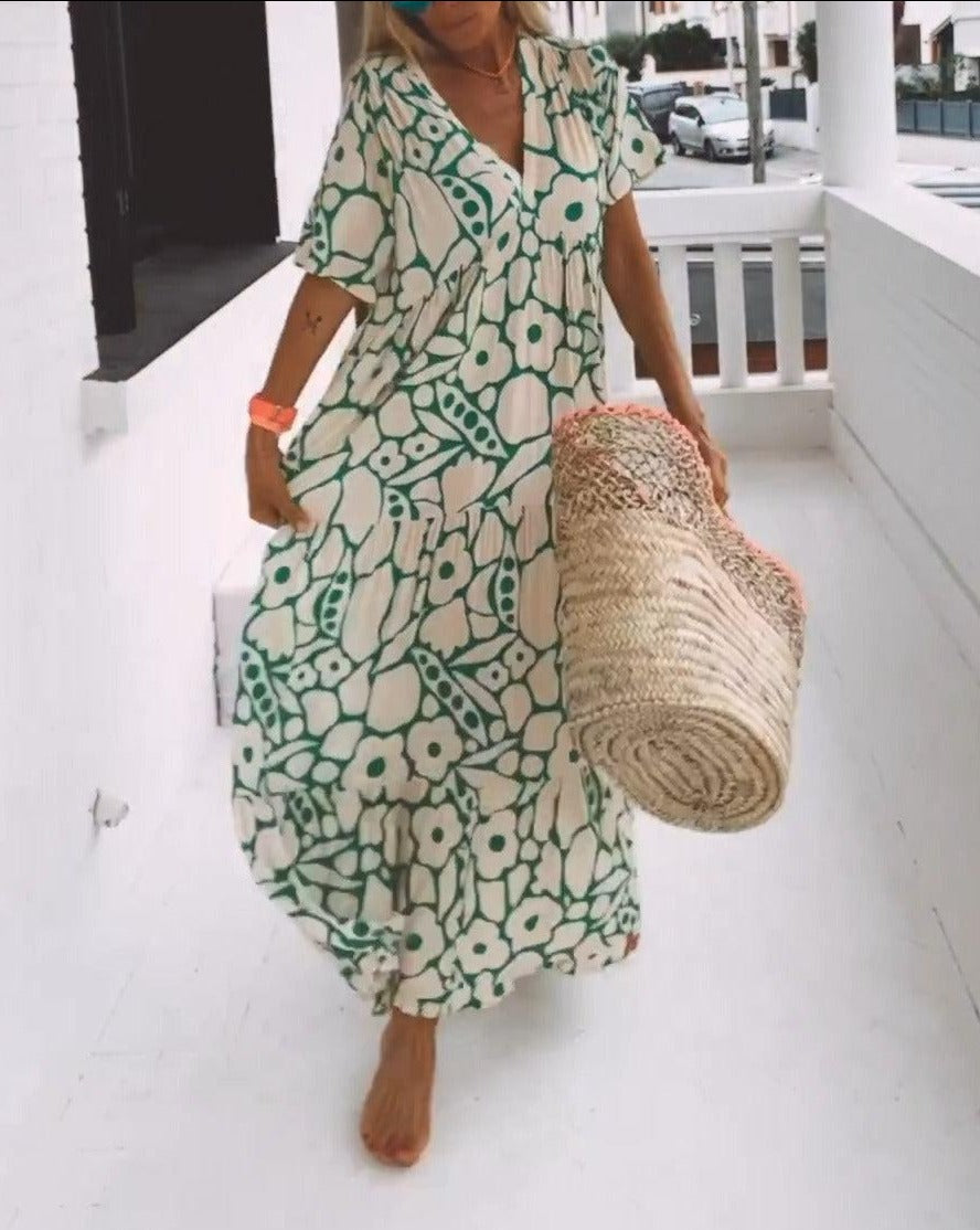 Ester Robe Longue Fleurie Femme – Manches Courtes Volantes & Imprimé Vert Crème Estival