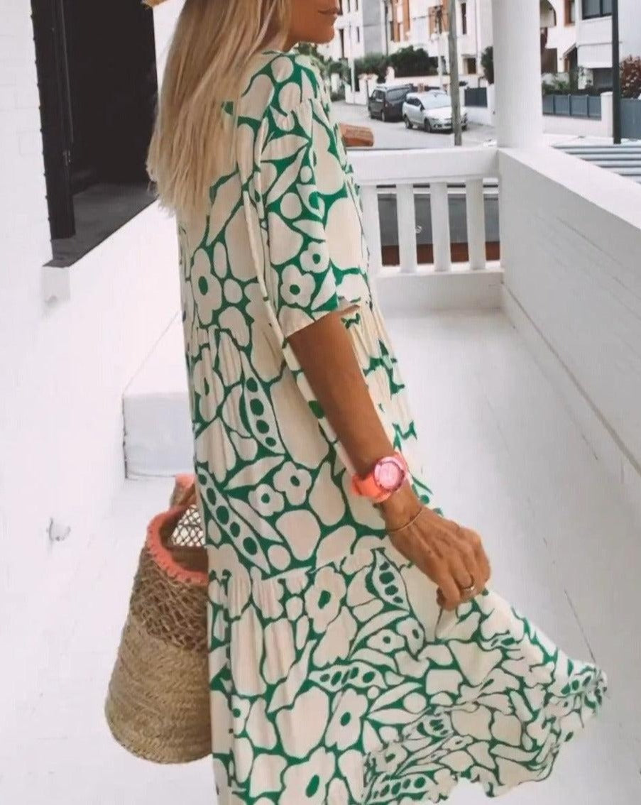 Ester Robe Longue Fleurie Femme – Manches Courtes Volantes & Imprimé Vert Crème Estival
