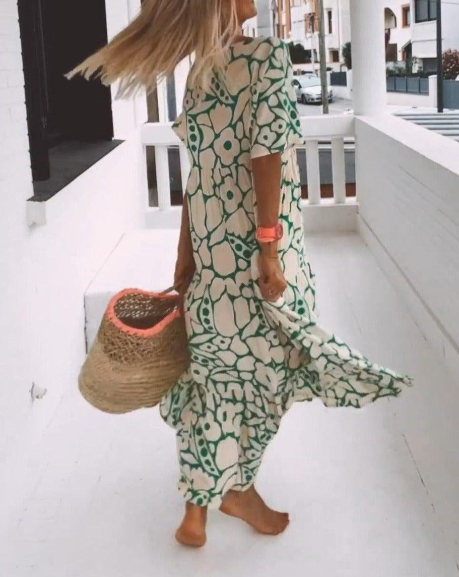 Ester Robe Longue Fleurie Femme – Manches Courtes Volantes & Imprimé Vert Crème Estival