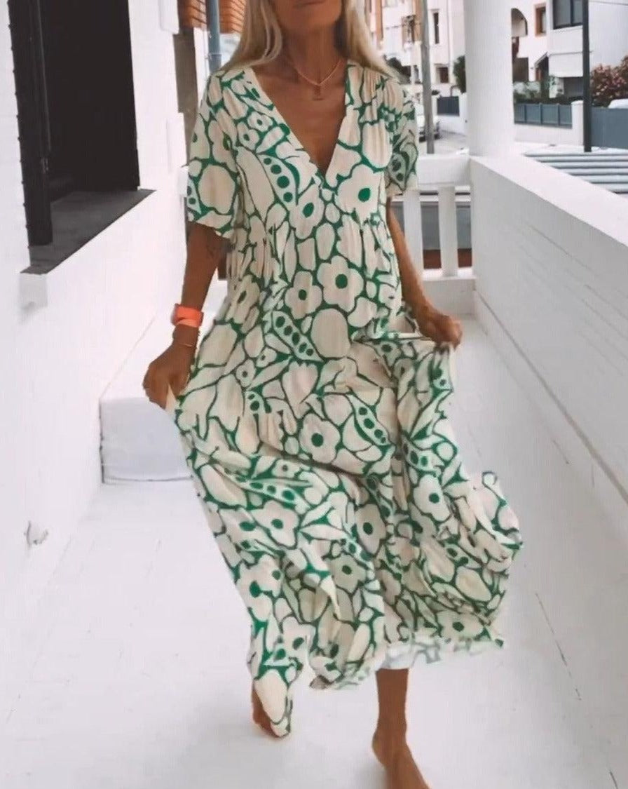 Ester Robe Longue Fleurie Femme – Manches Courtes Volantes & Imprimé Vert Crème Estival