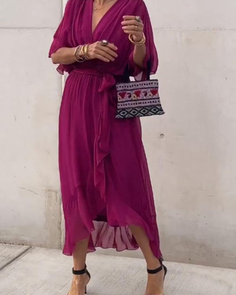 Robe Femme Cristi – Élégante Robe Portefeuille avec Manches Chauve-Souris & Ourlet Asymétrique