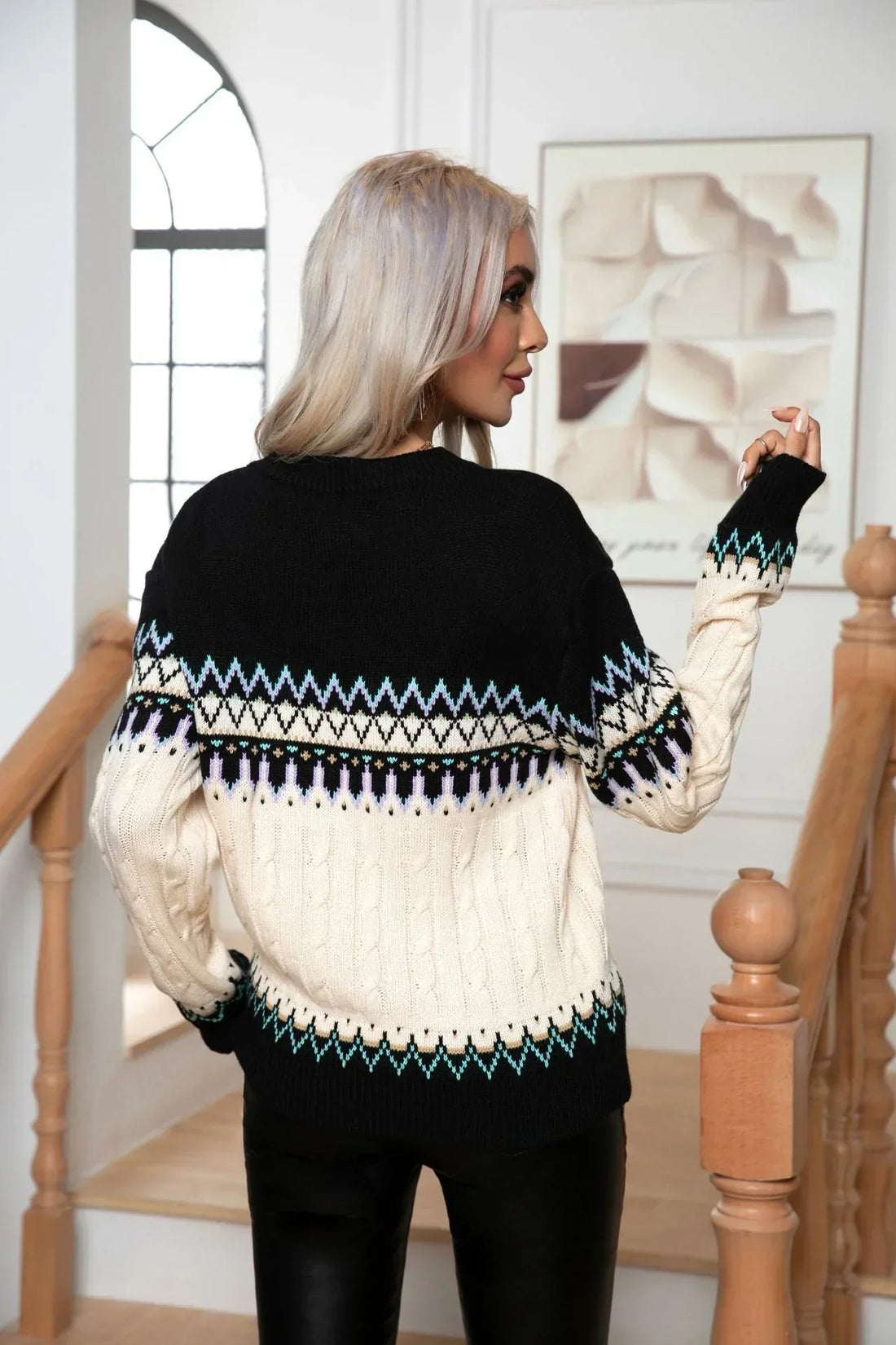 Samira Pull Femme – Pull Norvégien Élégant en Maille Chaude avec Motifs Géométriques