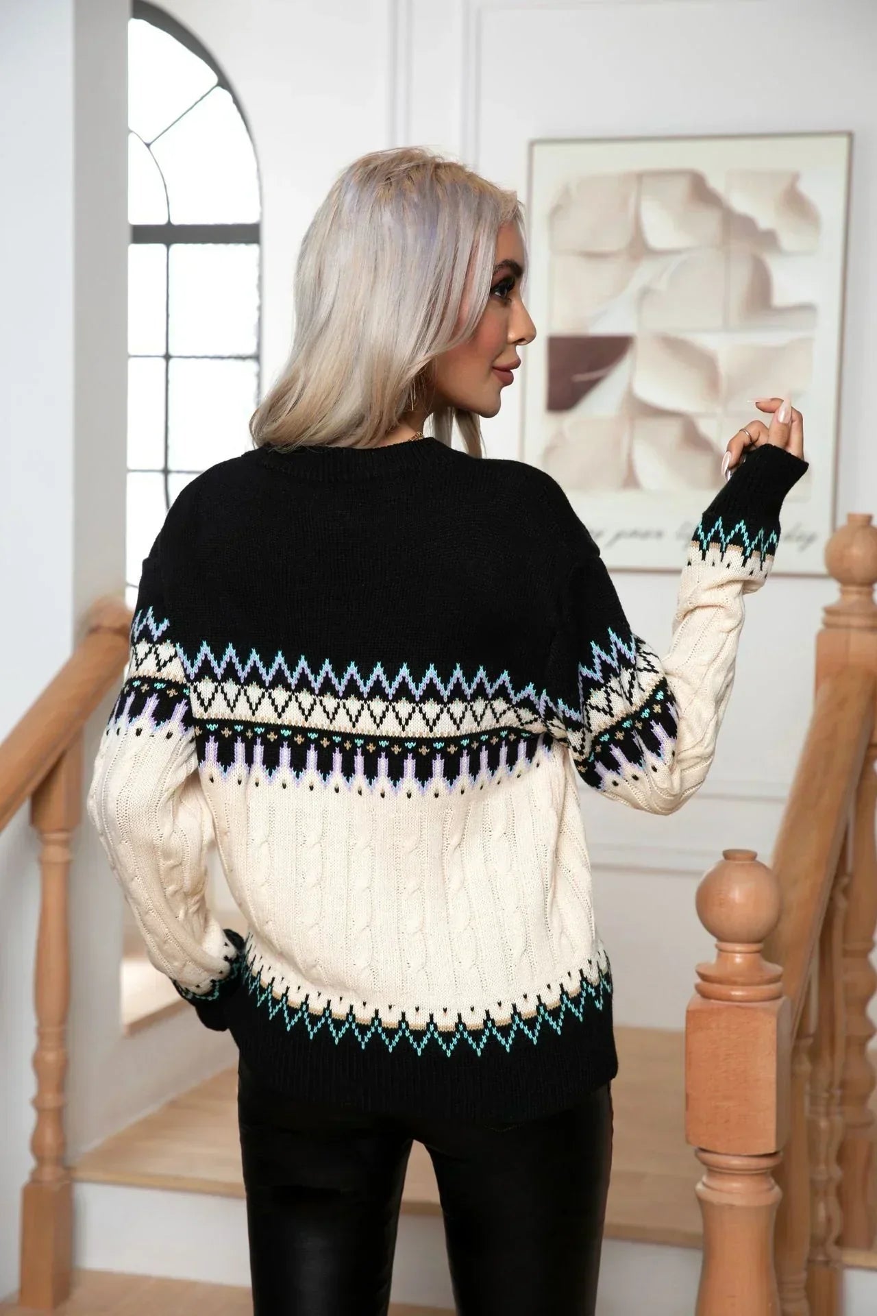 Pulover Samira damă – Pulover norvegian elegant din tricot călduros cu modele geometrice