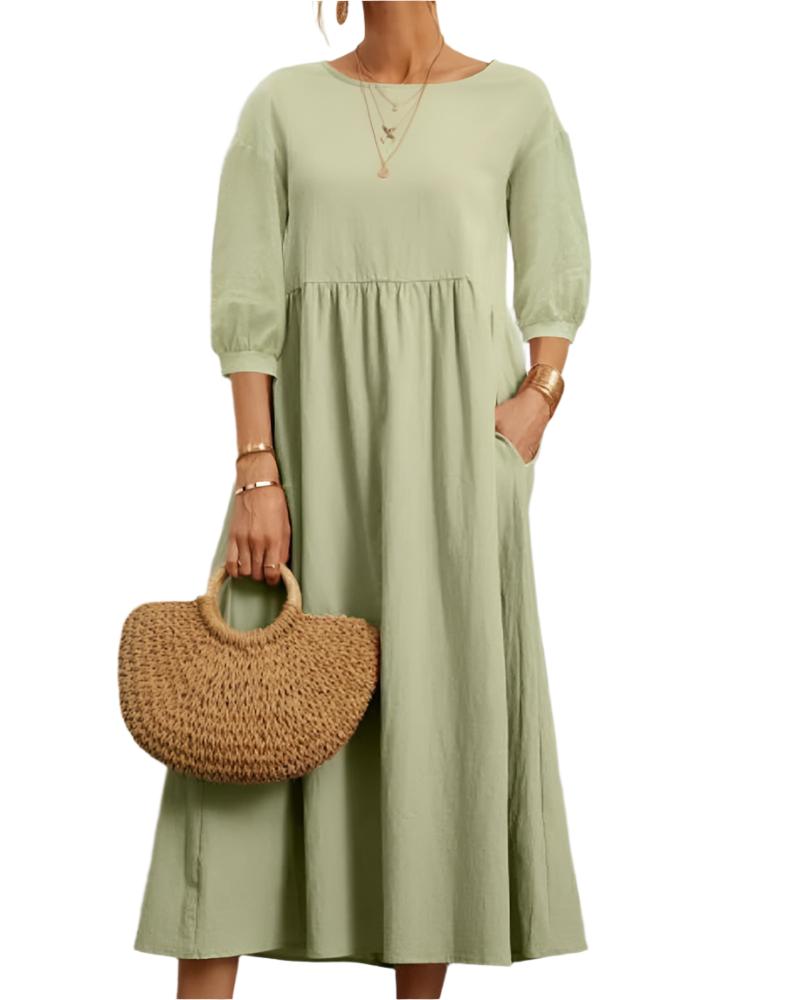 Flore Robe Midi Femme – Coton Lin Respirant, Col Rond, Manches Lanternes, Confort Estival