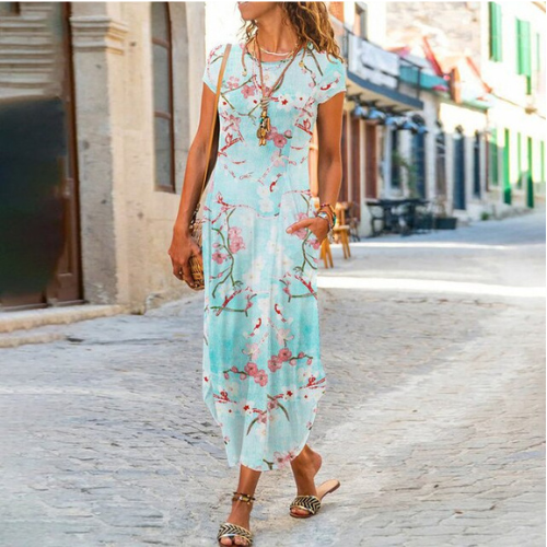 Caroline Robe Maxi Femme – Coton & Lin, Coupe Fluide et Motif Intemporel