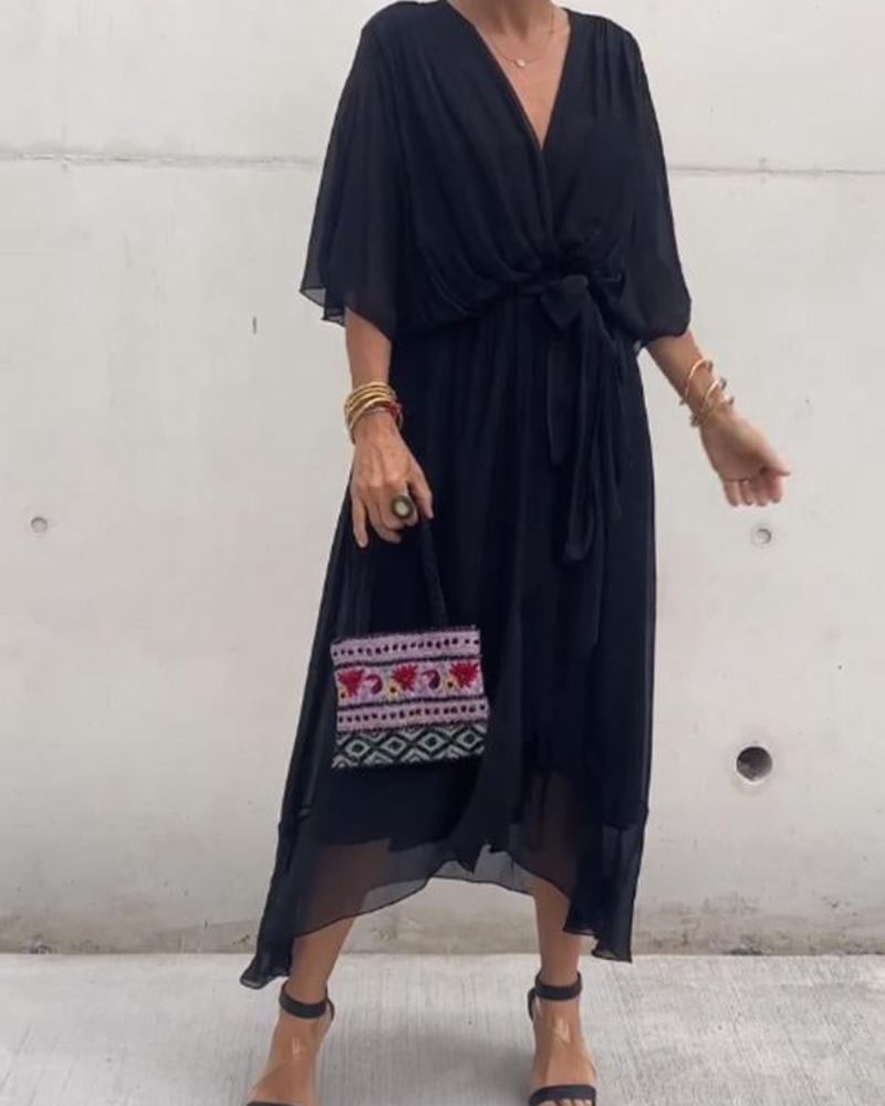 Robe Femme Cristi – Élégante Robe Portefeuille avec Manches Chauve-Souris & Ourlet Asymétrique