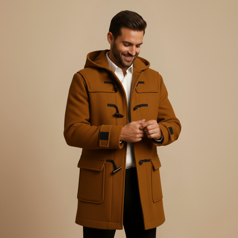 Joen Long Trench Coat Men – Scandinavian Hooded Coat with Horn Buttons & Retro Style