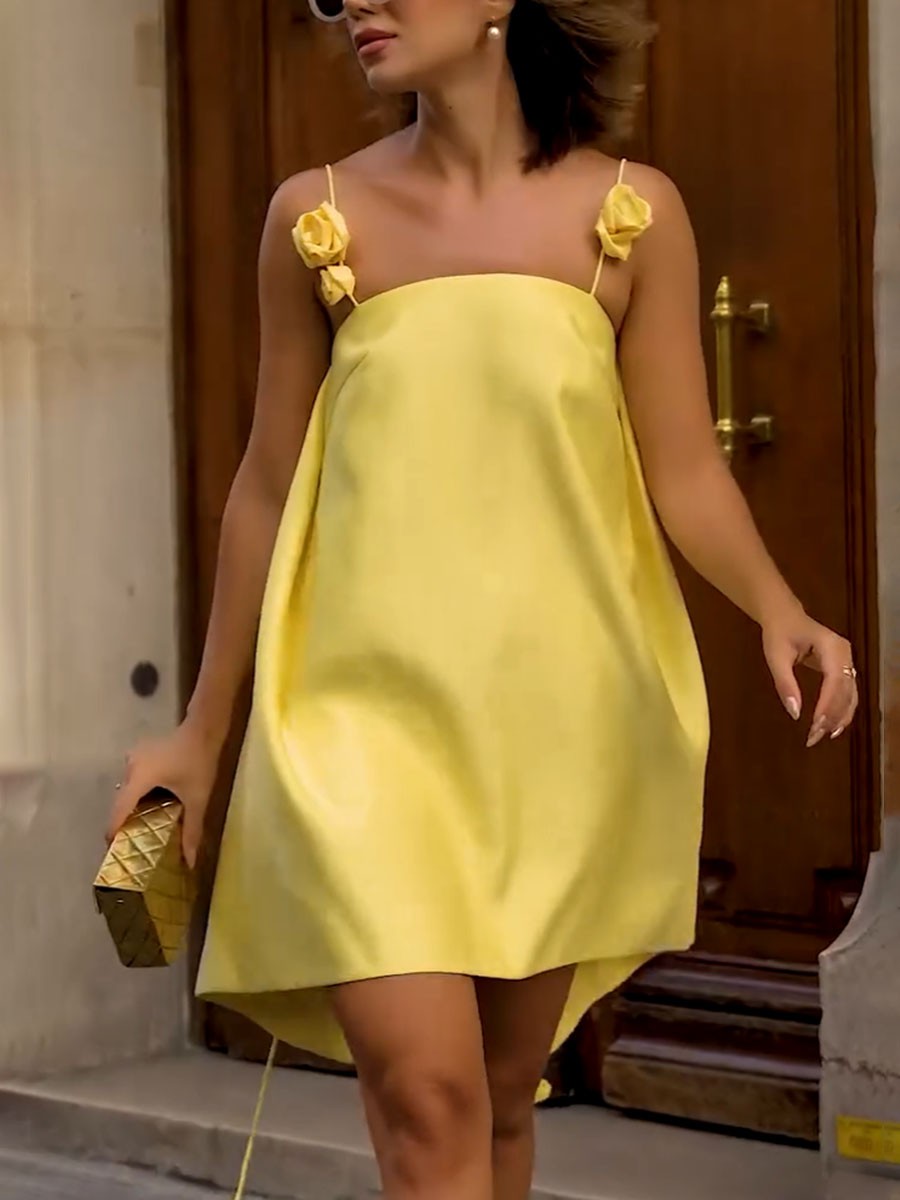 Vestido de algodón amarillo de verano de Genesis Genesis para mujeres con correas floridas y cortes de luz