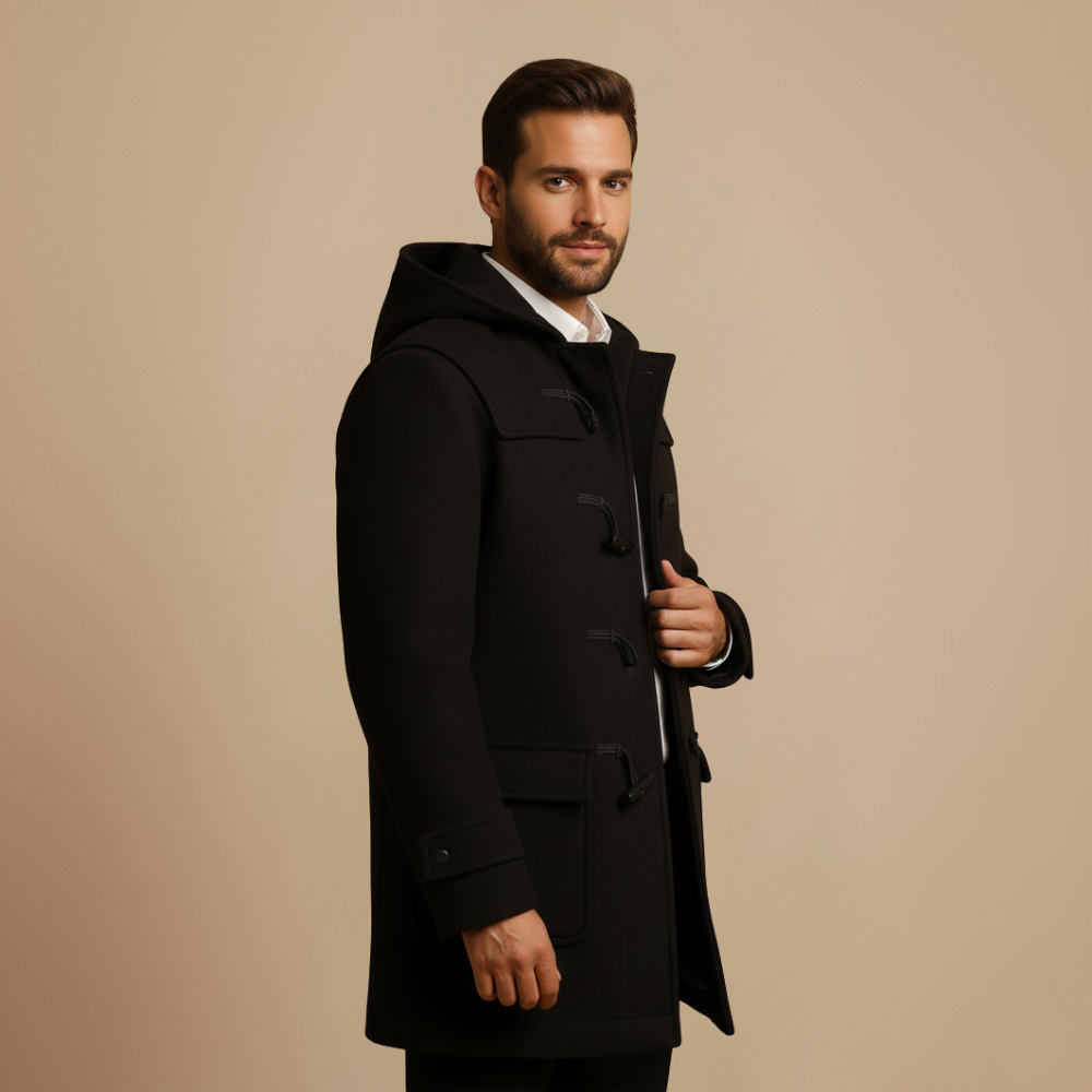 Joen Long Trench Coat Men – Scandinavian Hooded Coat with Horn Buttons & Retro Style