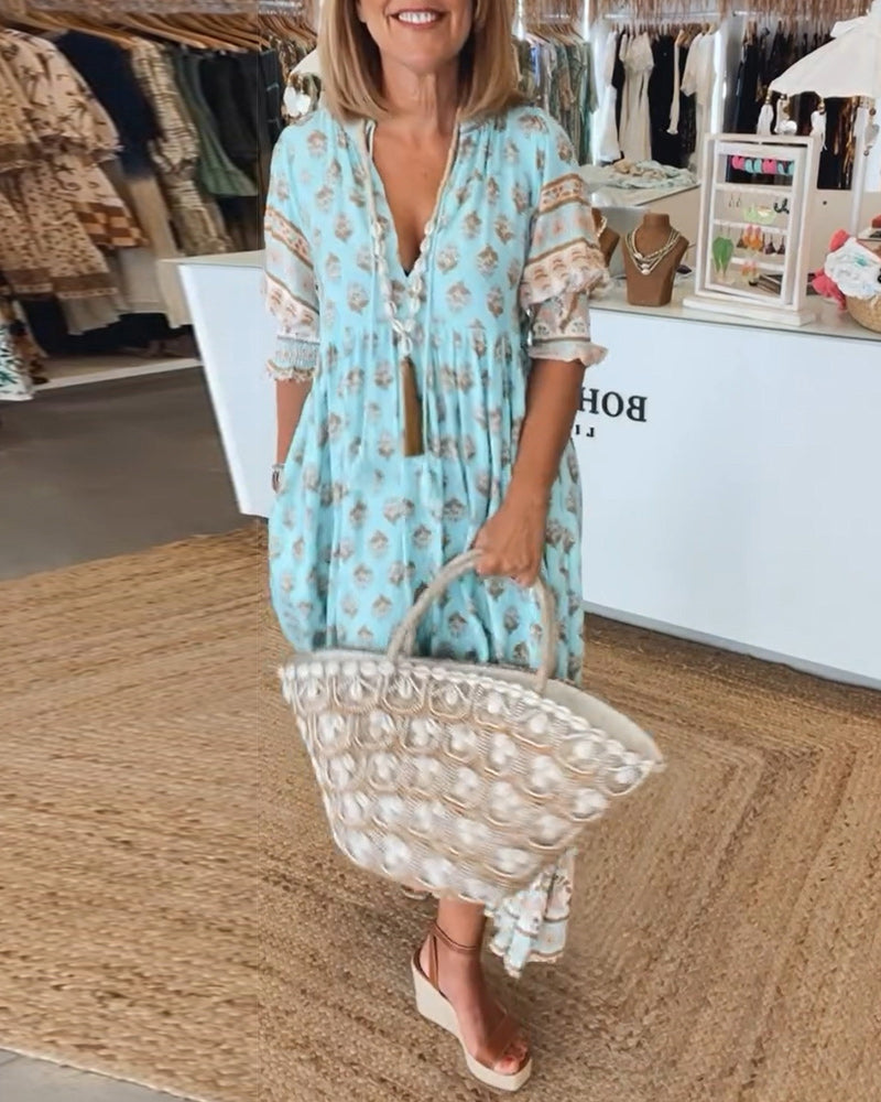 Robe Femme Tallulah – Robe Imprimée à Col en V avec Manches Mi-Longues & Coupe Confortable