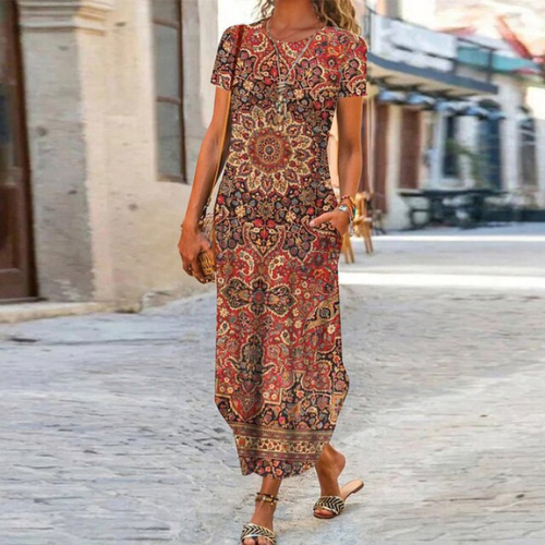 Caroline Robe Maxi Femme – Coton & Lin, Coupe Fluide et Motif Intemporel