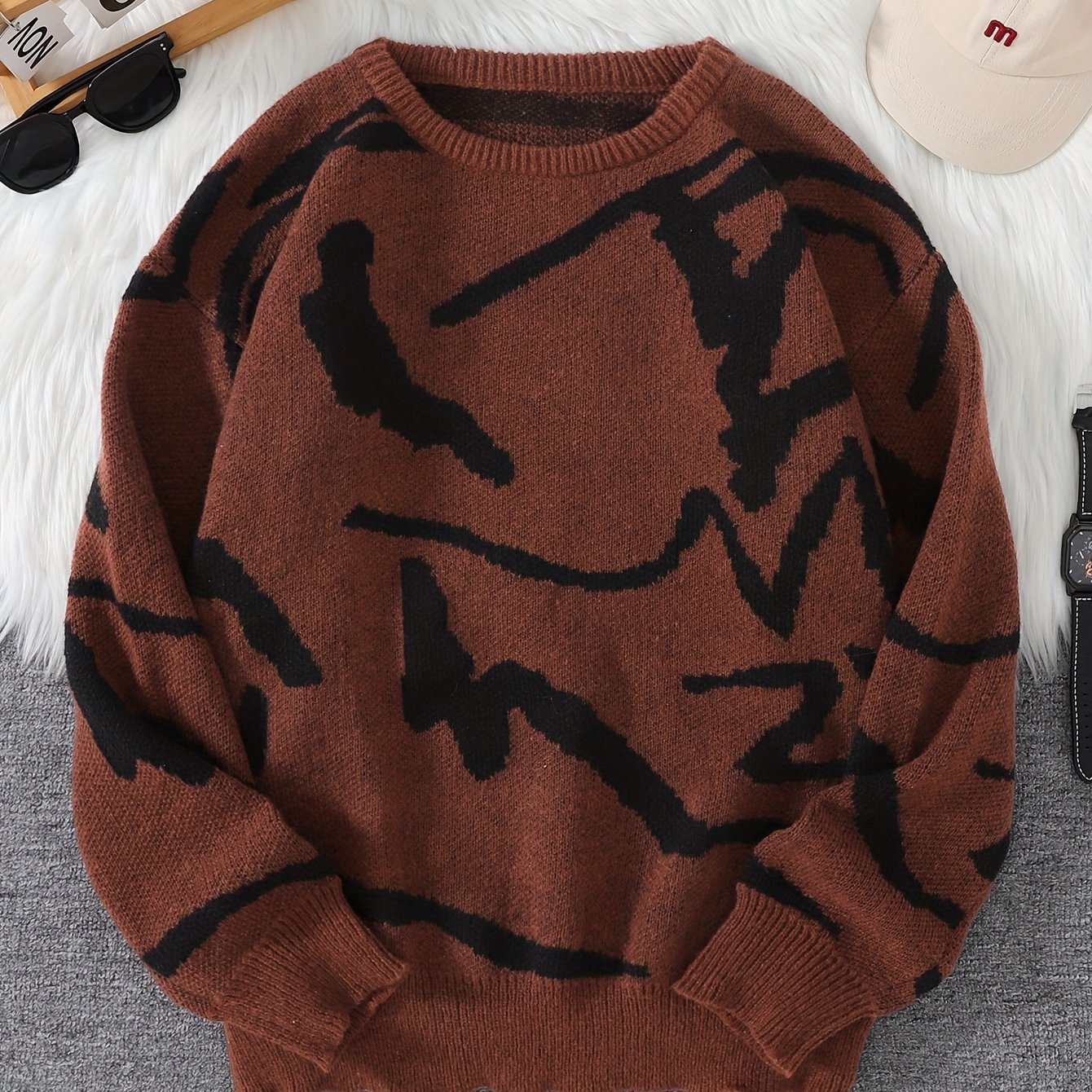 Luca Oversize Herre Trøje med Abstrakt Mønster – Blødt Strik, Moderne Kunstnerisk Stil