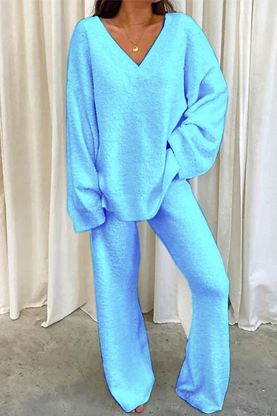 Rivka Ensemble Femme – Tenue Lounge Oversize avec Pull à Col V & Pantalon Large Confortable