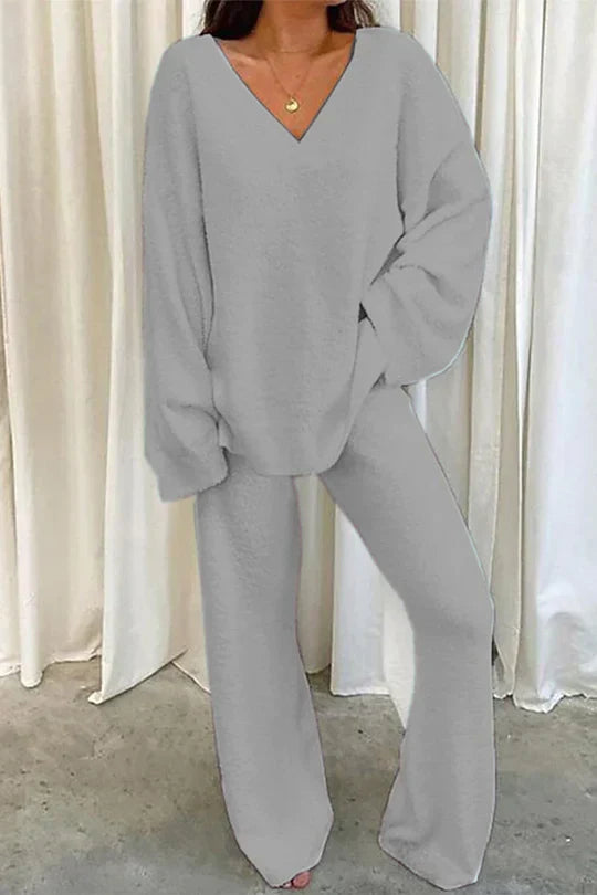 Rivka Ensemble Femme – Tenue Lounge Oversize avec Pull à Col V & Pantalon Large Confortable