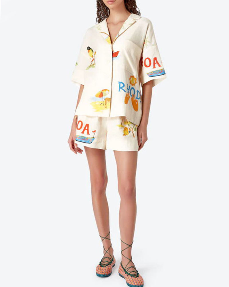 Stella Ensemble en Lin Femme – Coordonné Estival avec Imprimé Tropical, Chemise Légère & Short Confortable