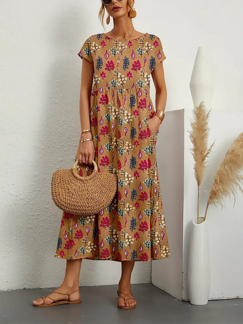 Robe Midi Femme Frances – Élégante Robe Fleurie en Tissu Respirant avec Coupe Féminine