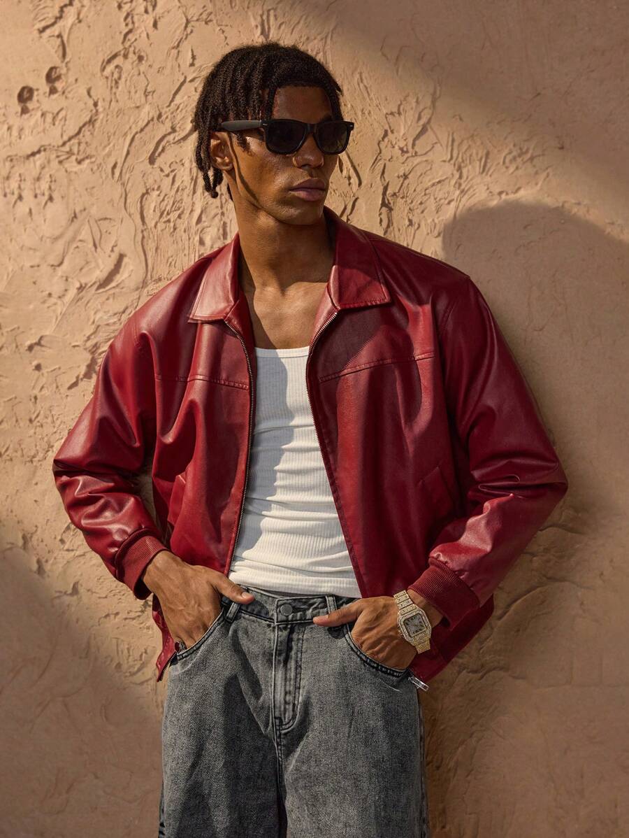 Vince Jachetă Bărbați Similicuir Roșu – Jachetă cu Fermoar Modernă cu Umeri Căzuți Stil Urban